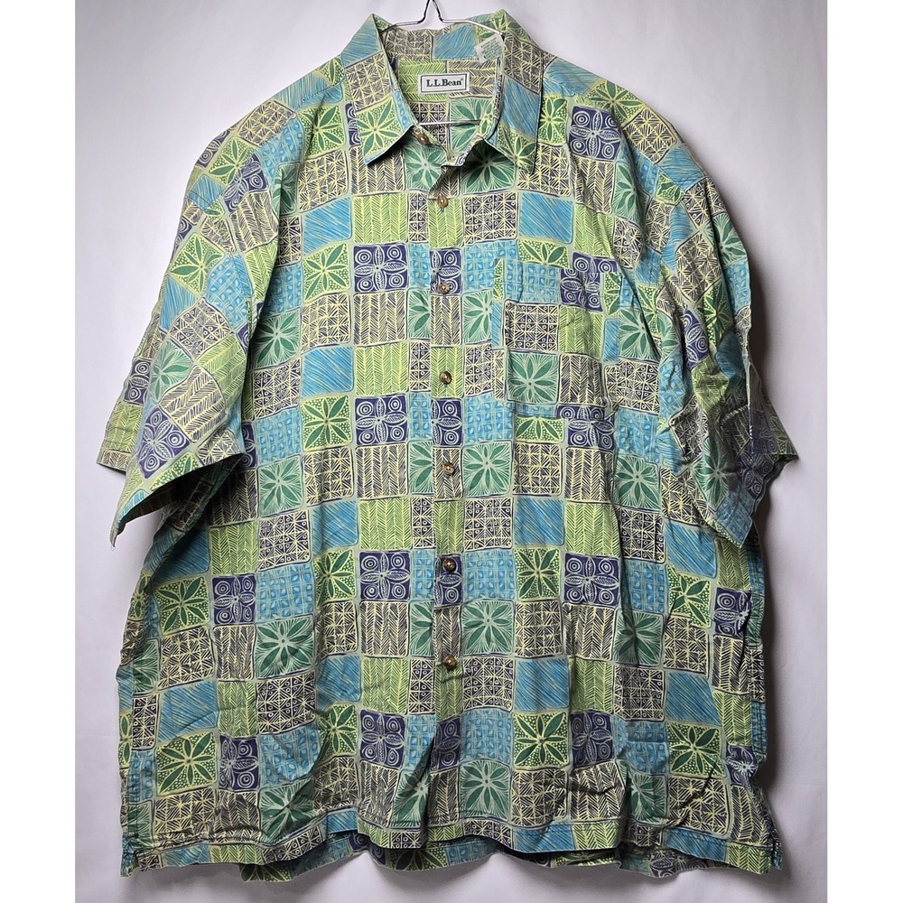 LL Bean Shirt Mens XL Multicolor Geometric Tropical Hawaiian Cotton Button Up